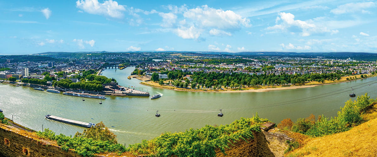 Aerial view of confluence of Rhein and Mosel rivers